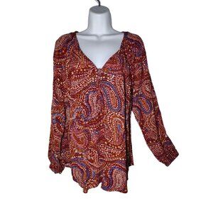 Knox Rose Red Pink Paisley V-Neck Long Sleeve Peasant Blouse Top S